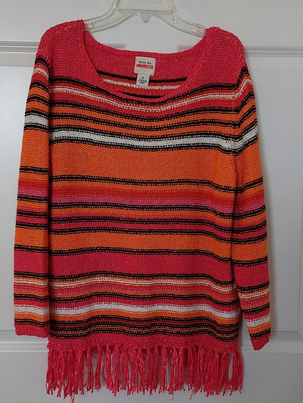 Vibrant and Radiant Boho Pink Orange Striped Fringe Sweater Ruby Rd Favorites XL